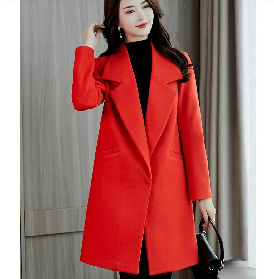 Korean loose Wool Blend Coat Women Long Sleeve Turn-down Collar Outwear Jacket Casual Autumn Winter red black Elegant Overcoat