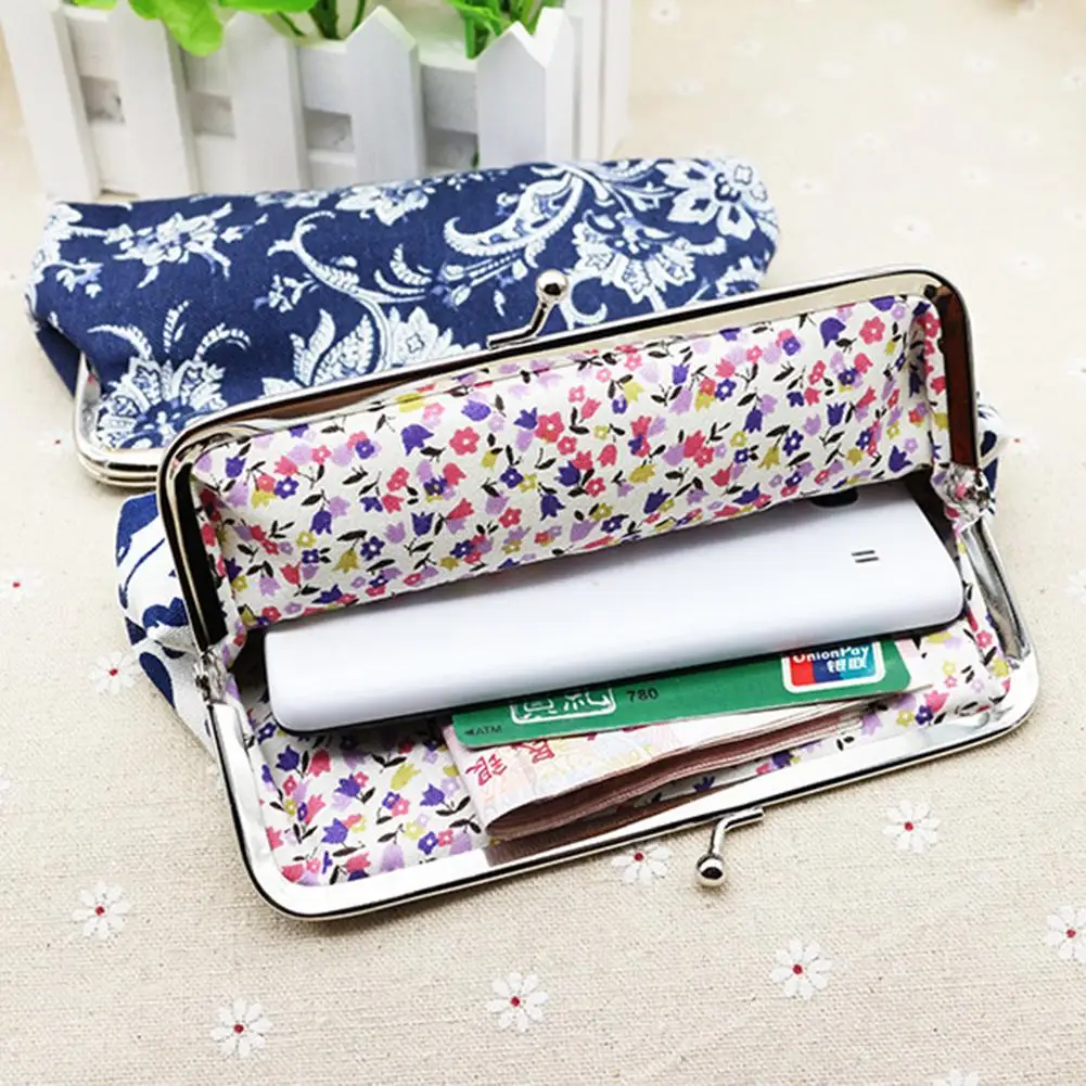 Women Wallet Ethnic Printed Long Buckles Canvas Wallet ID Card Keys Purse Clutches Bag Girls Coin Purse Makeup Brush Holder