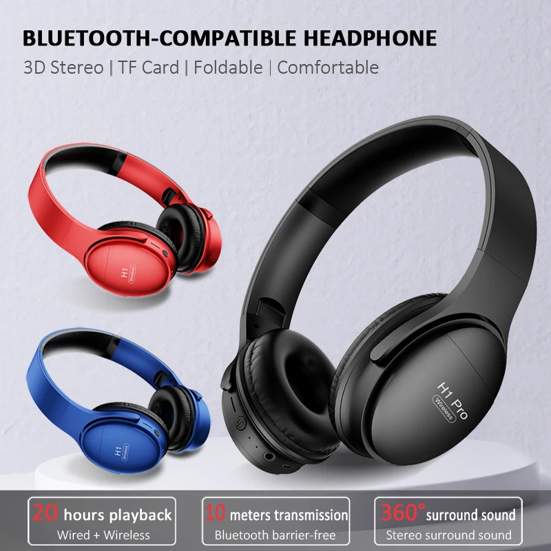 H1 Pro Bluetooth-Compatible Headphones Wireless Earphone with Mic Hands-free HIFI Stereo BT5.0 Over-Ear Headset Support TF Card