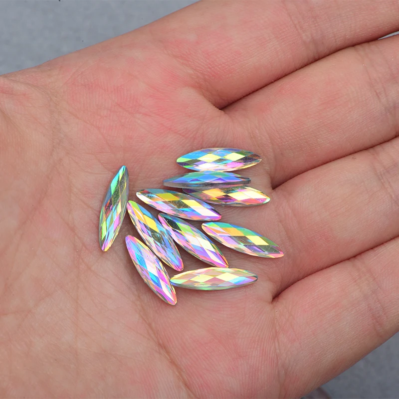 JUNAO 100pcs 4x15mm Crystal AB Resin Horse Eye Flatback Rhinestones Glue on Glitter Crystal Strass Scrapbook Beads for Garments