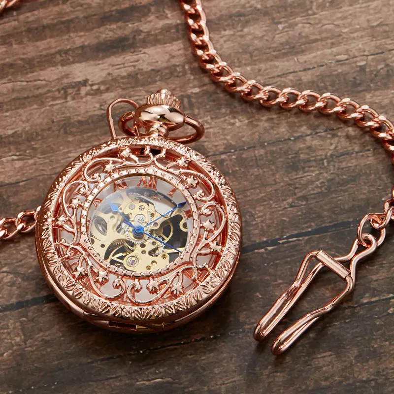 Antique Rose Gold Mechanical Pocket Watch With Chain Steampunk Skeleton Hollow Hand-winding Pendant Clock Men Women Best Gifts