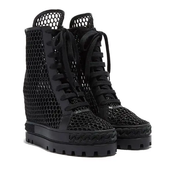 

British Style Woman Black Mesh Patchwork High Top Sneakers 10 cm Height Increasing Sandal Thick Sole Platform Wedge Summer Boots