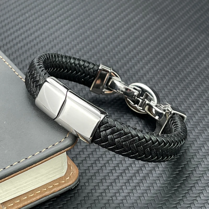 Punk Men Jewelry Genuine Leather Braided Bracelets Black Interlocking Stainless steel Black Beads Bracelets Fashion Male Bangle