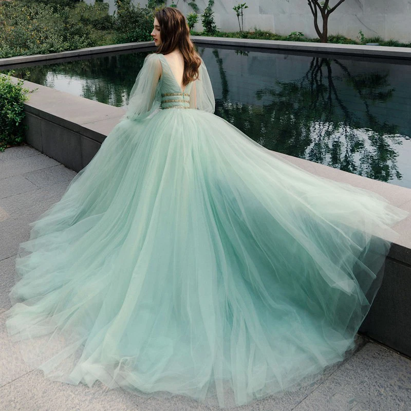 Abendkleider Mint Green Evening Dress Puff Sleeve V Neck Prom Formal Dresses Beading Belt Long Evening Gown vestidos de festa