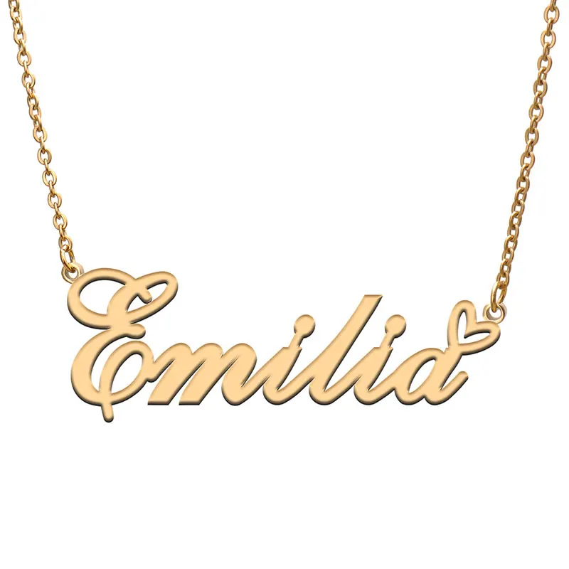 Emilia with Love Heart Name Necklace for Women Stainless Steel Jewelry Nameplate Pendant Femme Mother Child Girls Gift