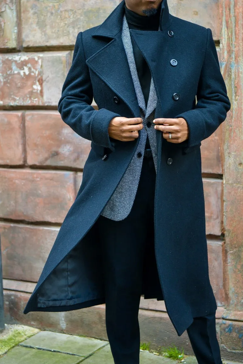 สีดำหนา Greatcoat ขนสัตว์ผู้ชายชุด Peaked Lapel ชุด Custom ทำชิ้นยาว Overcoat คุณภาพสูงแจ็คเก็ต