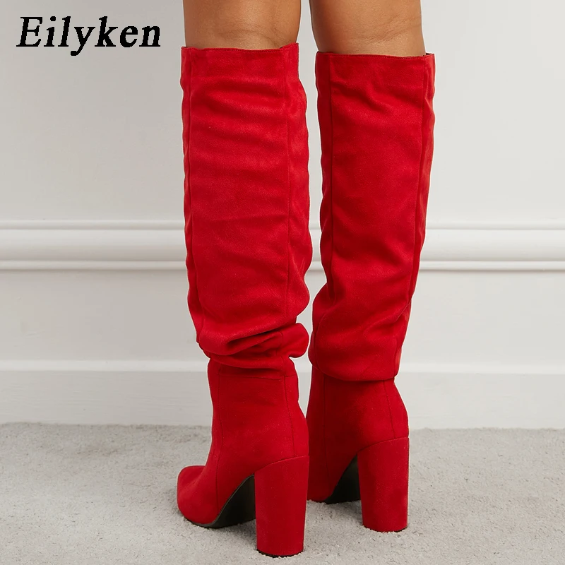 Eilyken Winter Women Pointed Toe Folds Flock Warm Knee-High Boot  Fashion Concise Ladies Office High Heels Shoes