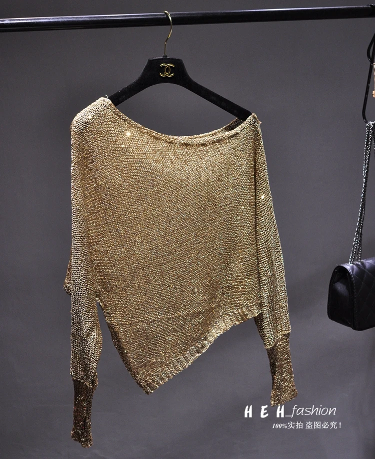 Cakucool Sequins Knit Tops Women Shiny Long Sleeve Pullover Off Shoulder Slash Neck Asymmetric Bling Top Thin Sweater 7color