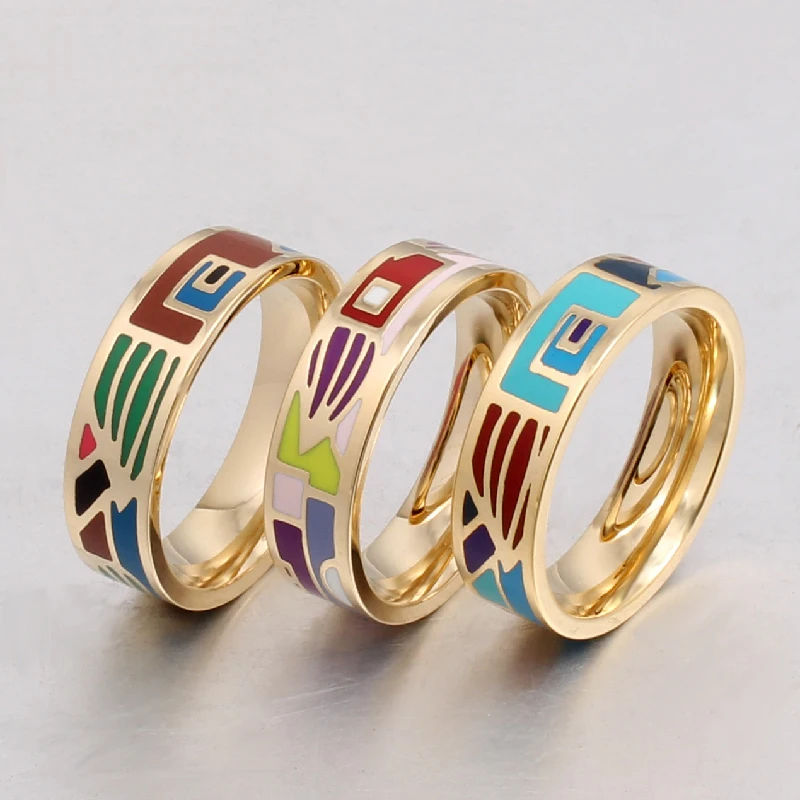 Ceramic Rings and Colorful Design Enamel Style Stainless Steel Gold-color Ring Girl Gift