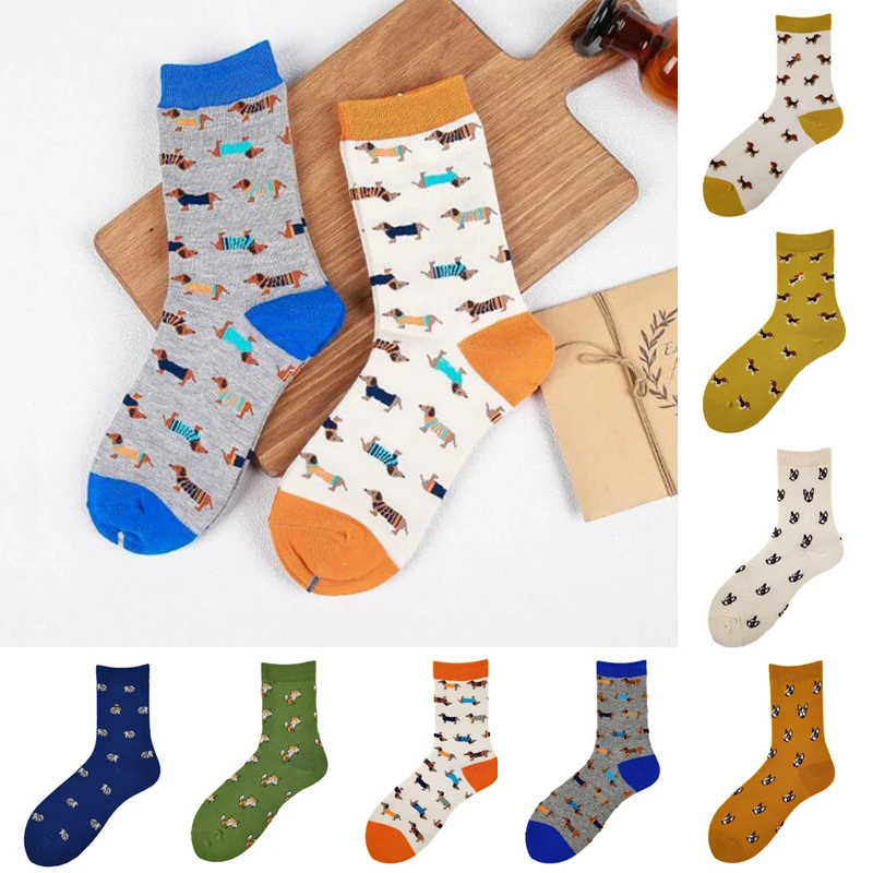 Calcetines de algodón con estampado de dibujos animados para parejas, medias divertidas de animales, salchicha, perro, salchicha, otoño e invierno, 1 par