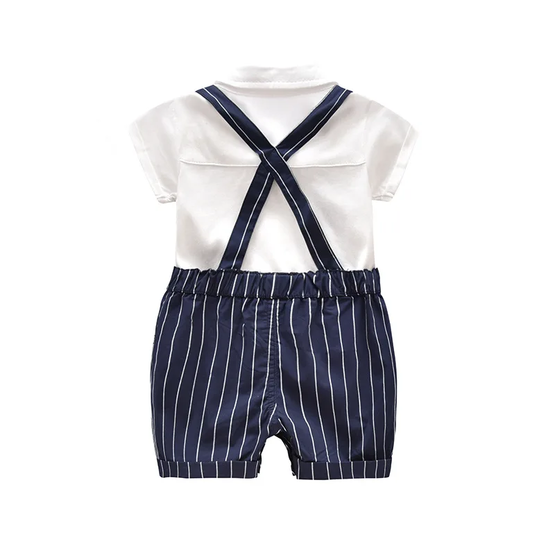 Good quality casual wear bow tie gentleman male baby short sleeve cotton fashion infant child suit striped bib boy clothes