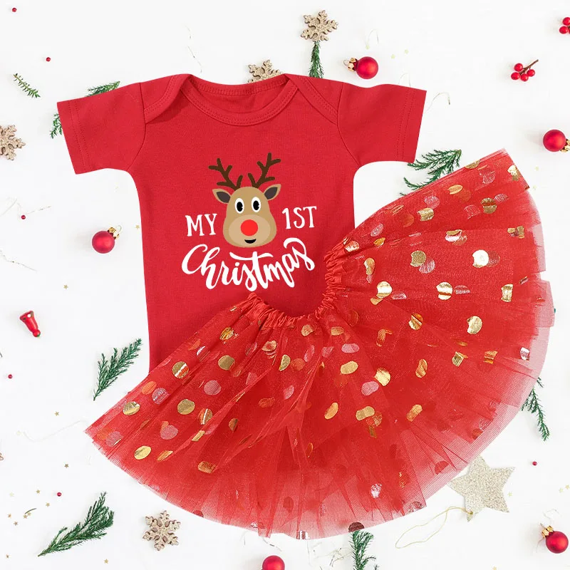 My First Christmas Baby Girl Clothes Set Dress Toddler Newborn Baby1st Christmas New Year Gown Outfits Infant Xmas Clothing