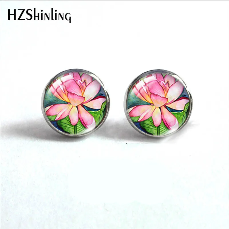 Waterlilies lotus Flower Pattern Glass Stud Earrings Glass Cabochon Ear Fashion Jewelry