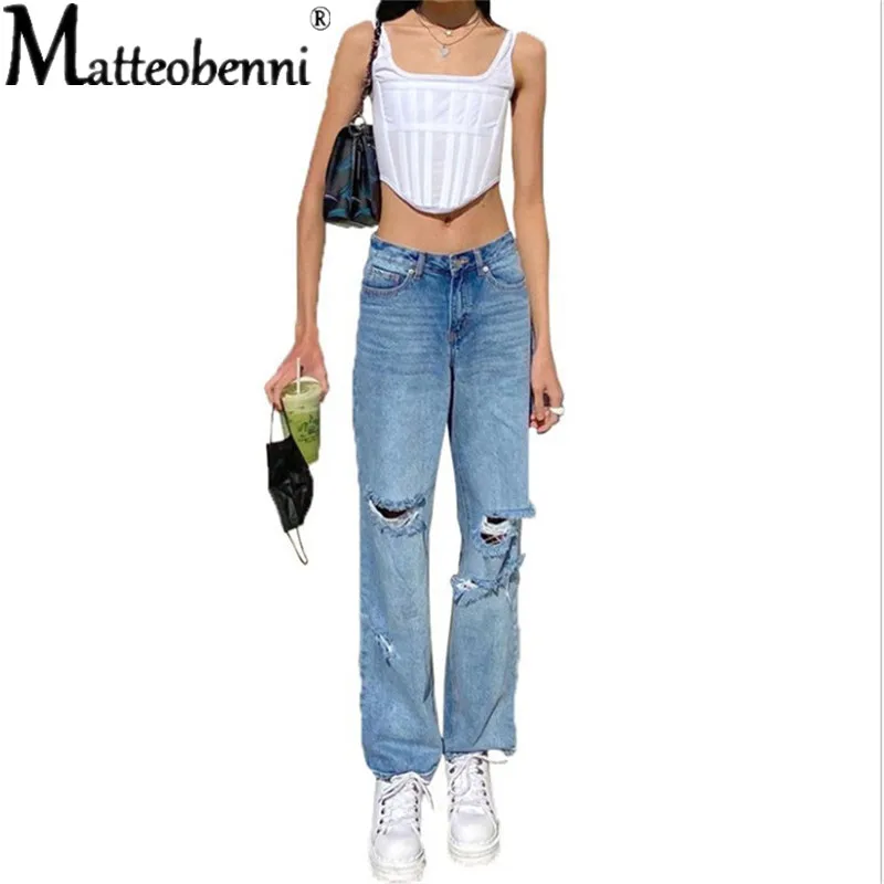 2021 New Ladies Summer Denim Solid Color High Waist Loose Fashion Jeans Casual Straight Korean Streetwear Retro Denim Trousers