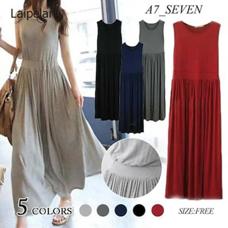 

Women's Summer Slim Slimming Dress Modal Long Skirt Vest Waist Fold Pleated Long Skirt