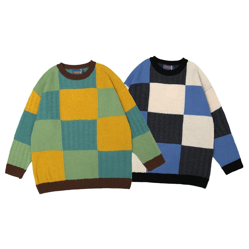 

Patchwork Green Blue Retro Vintage Designer Oversized Woman Sweaters Winter Clothes Women New Pullover Femme Chandails Top