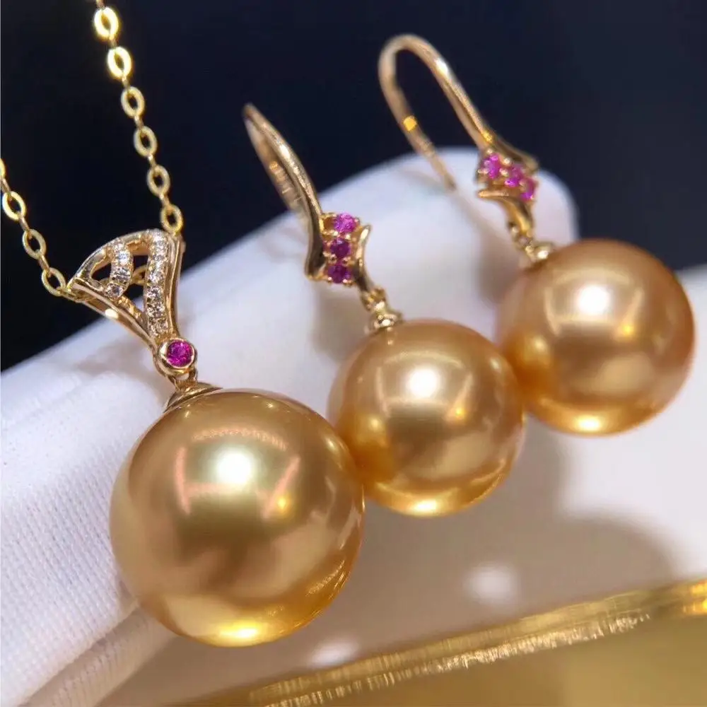 D919 Pearl Set Fine Jewelry Solid 18K Gold Round 9-12mm Nature Salt Sea Water Golden Pearls Jewelry Sets for Women Presents