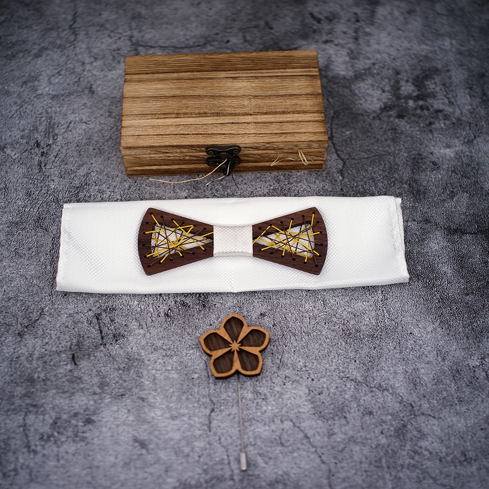 Mens Wooden bow tie Carved Wood Bowtie Pocket Square Cufflinks Set Floral Bowtie Wooden Box Suit Business Wedding