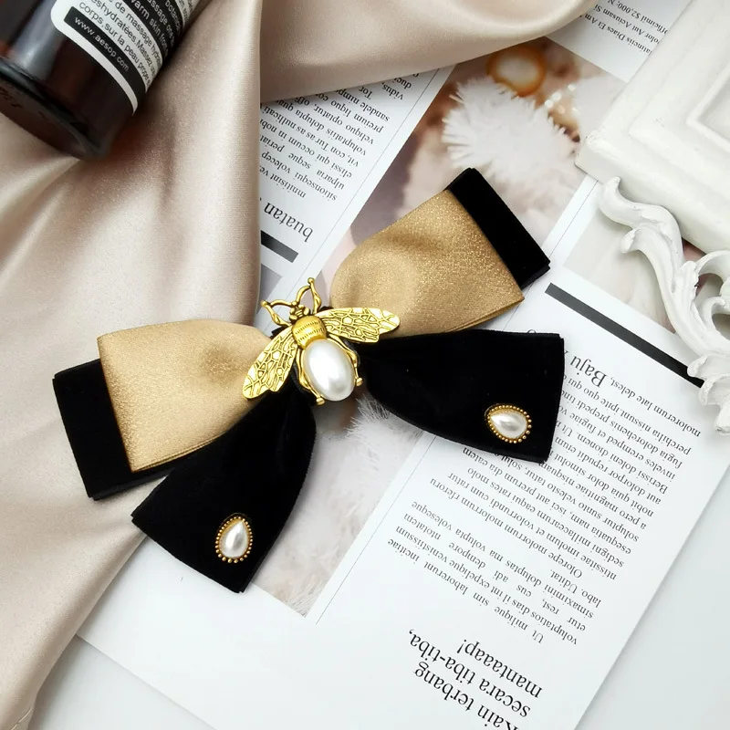 Retro Stoff Samt Bogen Haarnadel Perle Biene Haarspangen für Frauen Weibliche Frühling Clip Headwear Grips Koreanische Haar Zubehör – Detail 3