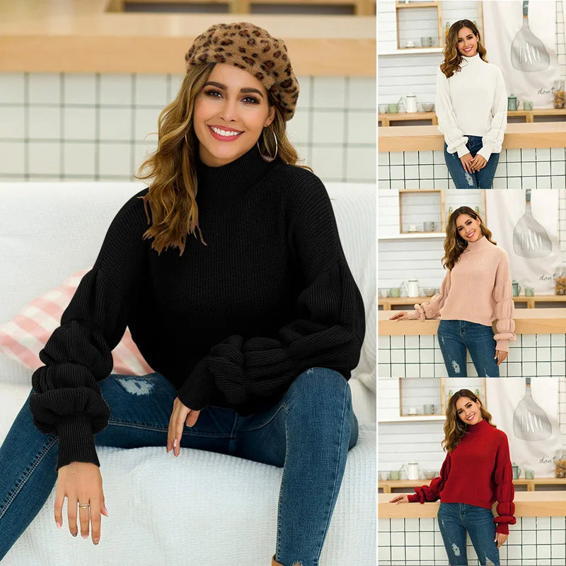 Suéter de cuello alto para mujer, Jersey de manga larga de punto de loto, informal, holgado, Invierno 2019