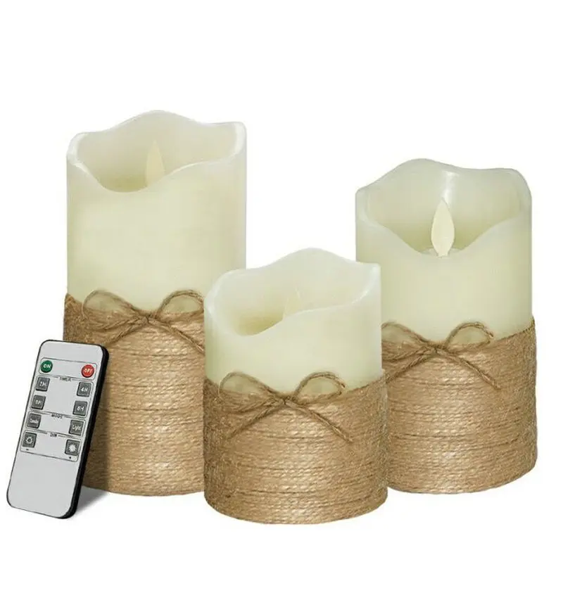 Set of 3 Remote controlled Flickering Flameless Candles Battery Operated Electric Pillar Candles w/Timer Paraffin Wax Hemp Rope