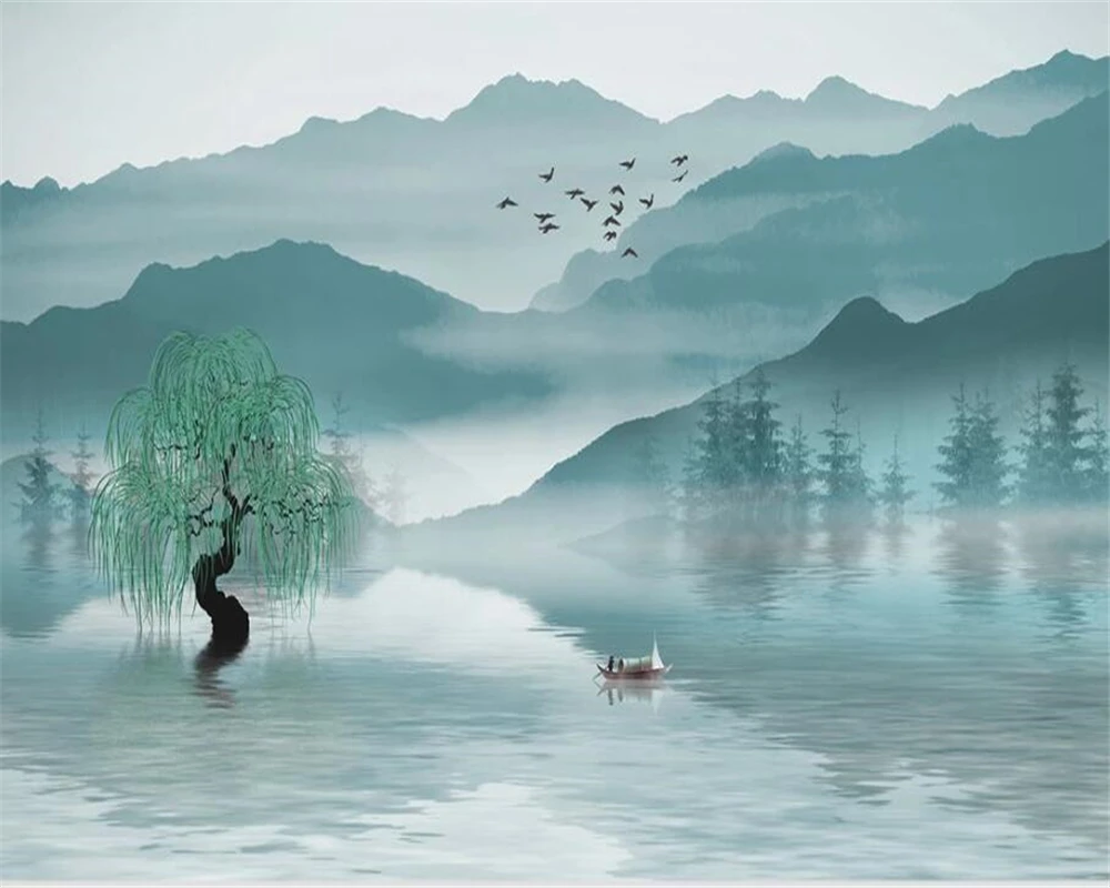 Custom size wallpaper landscape lakeside willows background landscape painting home decoration hanging picture 3d wallpaper