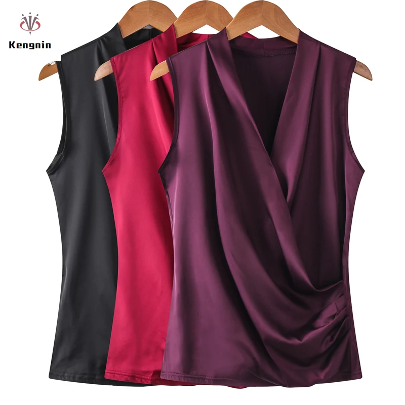 2023 Summer Plus Size S- 3XL Women Tops Sleeveless V Neck Women Blouse Elegant Sexy Silk Ladies T-Shirts Brand Clothes KE3990