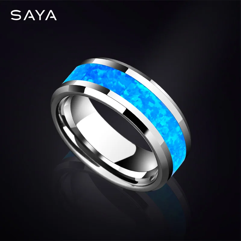 Tungsten Wedding Rings 8mm Width Inlay Blue Opal for Men Women Fashion Jeweley, Customized