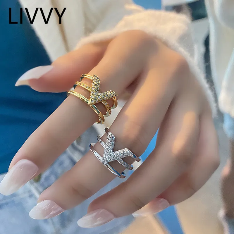 LIVVY Fashion Silver Color V-shape Three-layer Zircon Adjustable Rings For Woman Fashion High-end Trend  Jewelry Accessories