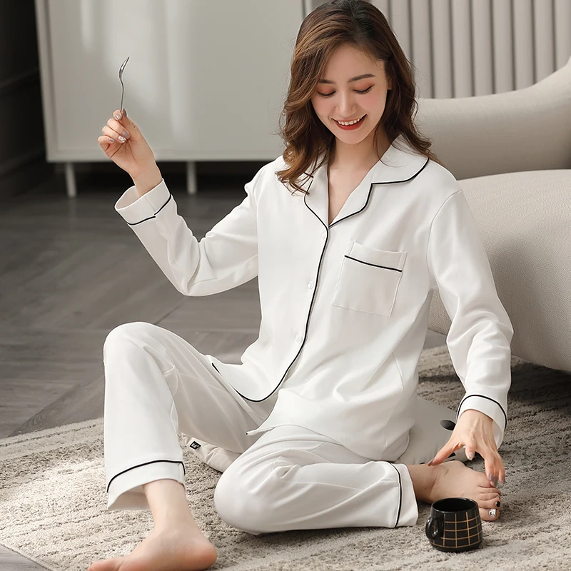 Winter Cotton Pajama for Women Autumn Full Sleeves Soild White Pijama Mujer Invier  Pure Cotton Sleepwear Pink Pyjama Femme