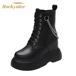 Autumn 2021 Thick Heel Ankle Boots Chunky Sneakers Women High Heels Winter Platform Leather Woman Shoes 10cm Wedges Chain Boots