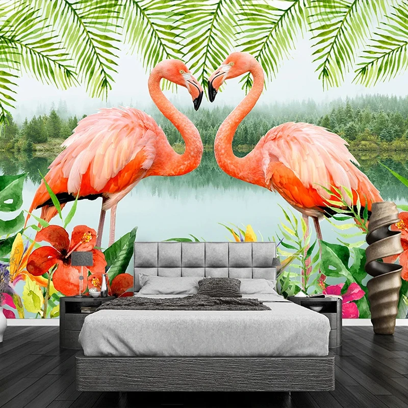 

Custom Mural 3D Flamingo Nordic Modern Green Landscape Oil Painting Children Room Living Room Bedroom Photo Wallpaper Murals 3D