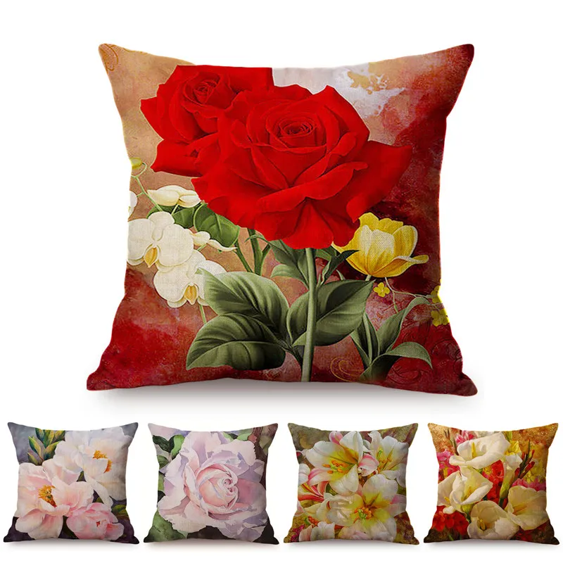 Red Rose Style Decoration Pillow Case Florals Bouquet Vase Oil Painting Art Print Cotton Linen Square Sofa Cushion Cover Cojines