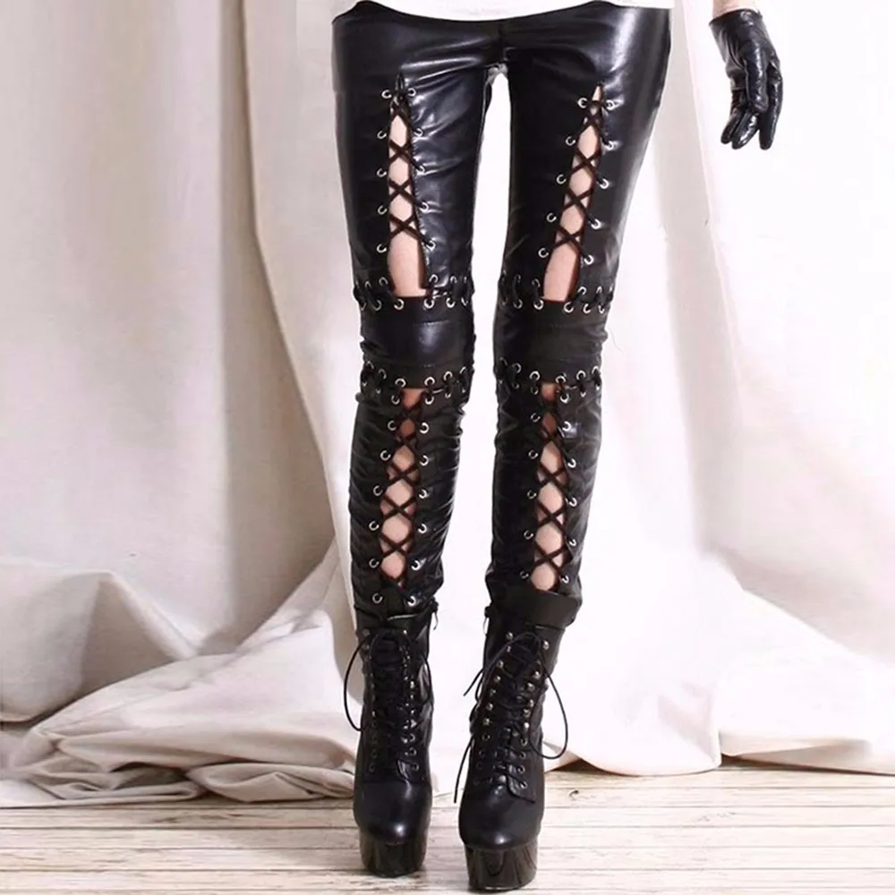 Women Gothic Faux Leather Elastic Leggings Hollow Out Lace Up PU Leggins Leggings Lady Fetish Sexy Black Punk Rock Skinny Pants