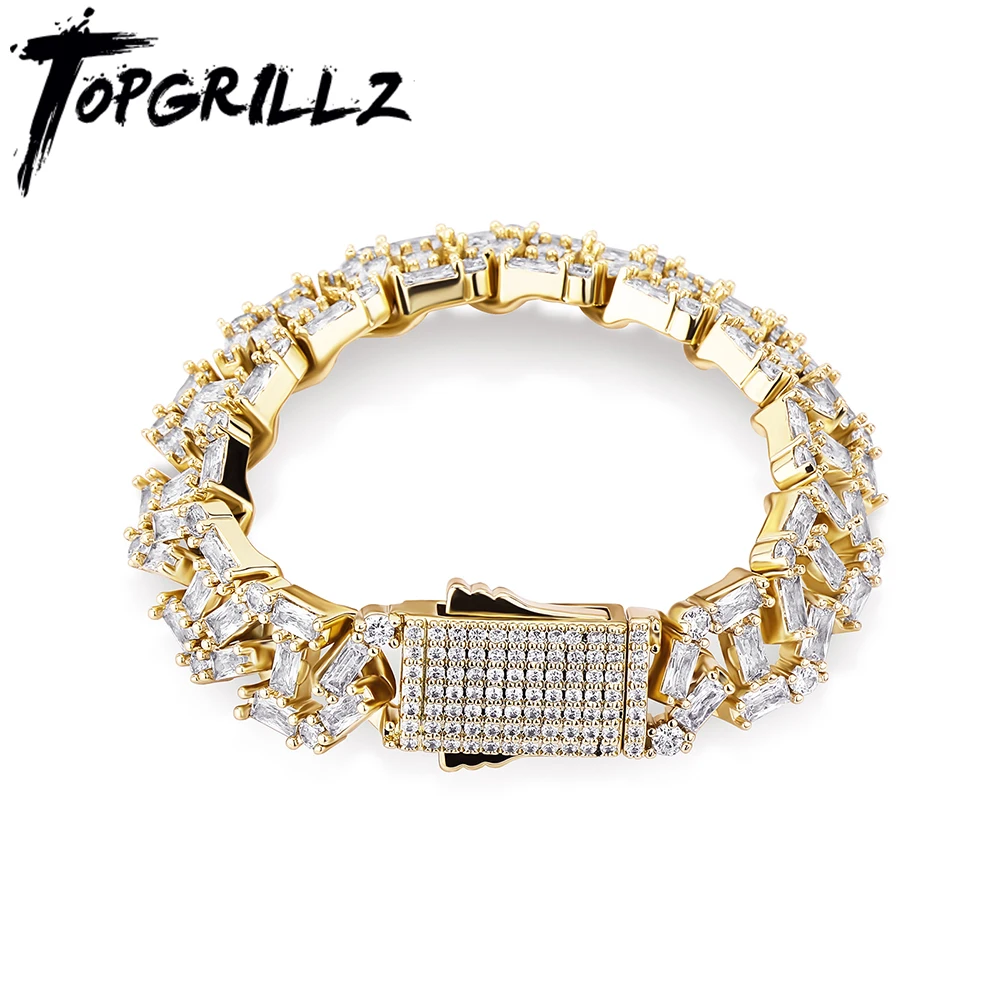 TOPGRILLZ New Couple Bracelet 12mm Baguette Chain Link Bracelet Gold Color Hip Hop Fashion Vintage Women's Jewelry For Gift