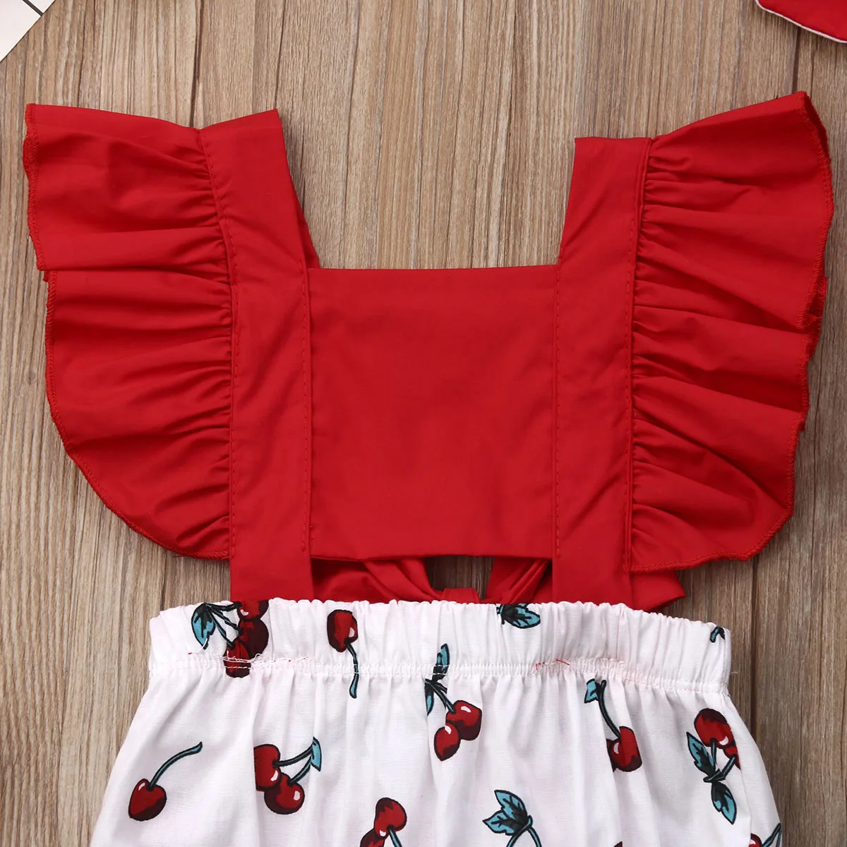 Baby Girl Summer Clothes Set Backless Cherry Romper +Headband Ruffle Big Bow Newborn Toddler baby girl Patchwork clothes Outfits