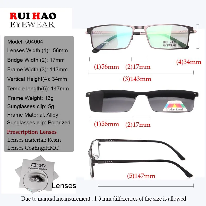 Men's Prescription Glasses Leisure Eyeglasses Frame with Customizable Optical Lenses And Polarized Clip-On Sunglasses 94004