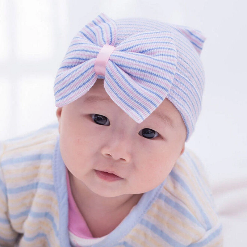 Newborn Baby Girls Striped Headband Headwear Toddler Soft Beanie Hat with Bow