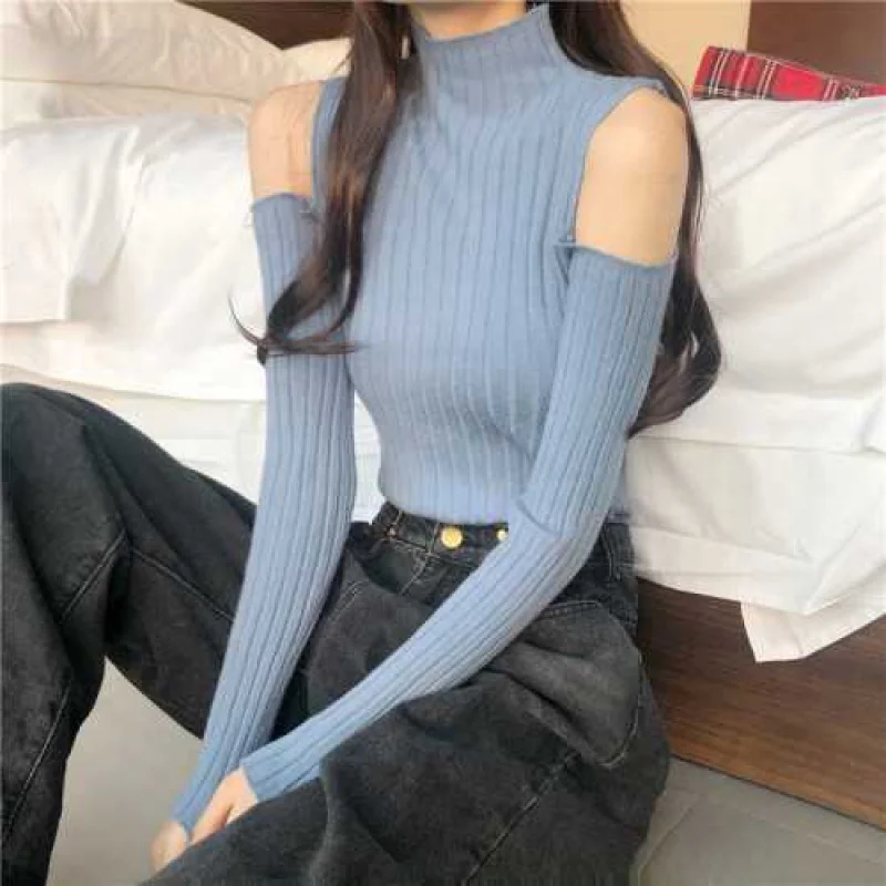 Sweater Women Turtleneck Off-shoulder sexy knit Orange short sweater 2020 Winter jumpers elegant solid Full slim pullover tops