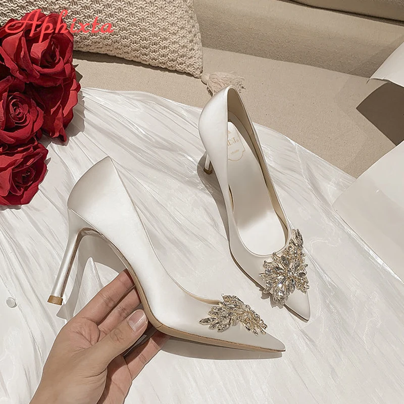 Aphixta Silk Pointed Toe Thin Heel Shoes Women 10cm Heels Diamonds Crystals Flowers Wedding Party Shoes Woman Big Size 42