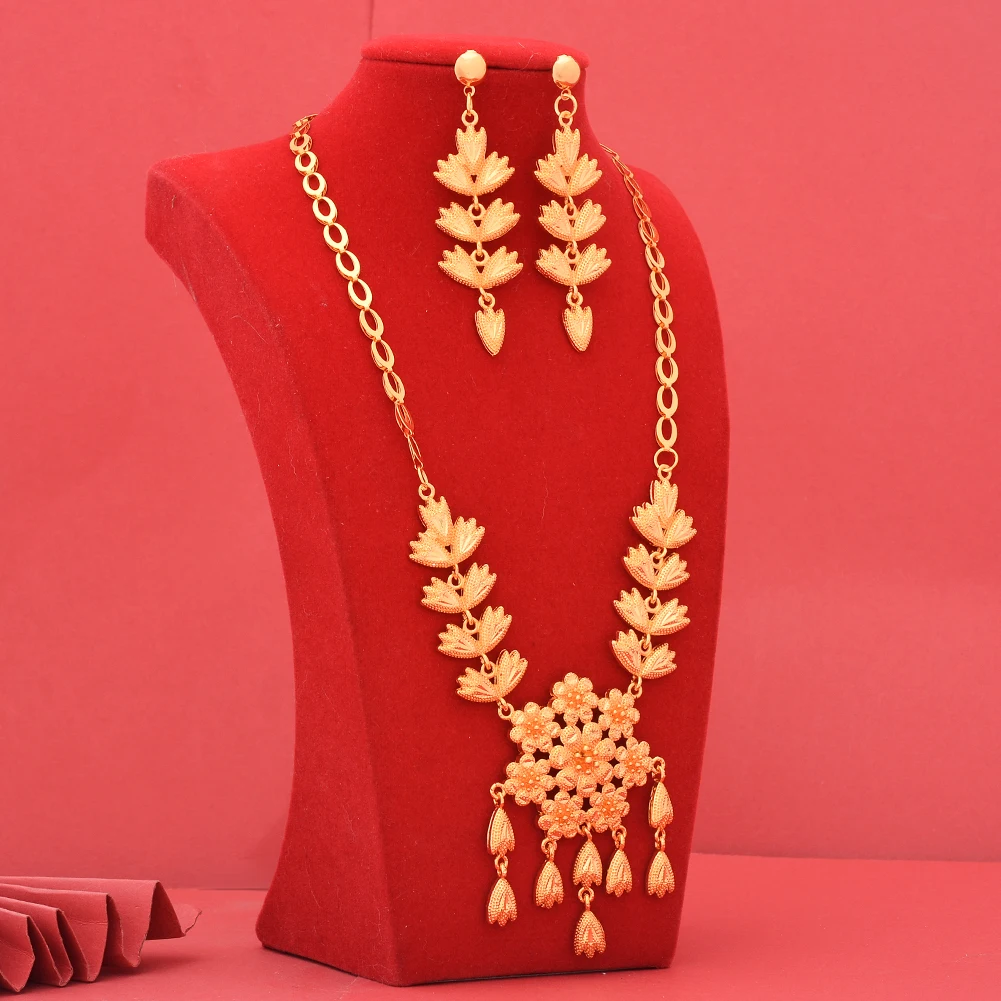 Luxuray 24k  Dubai Gold Color Jewelry Sets For Women African Wedding Gifts Bridal Necklace Earrings Jewellery Set For Women