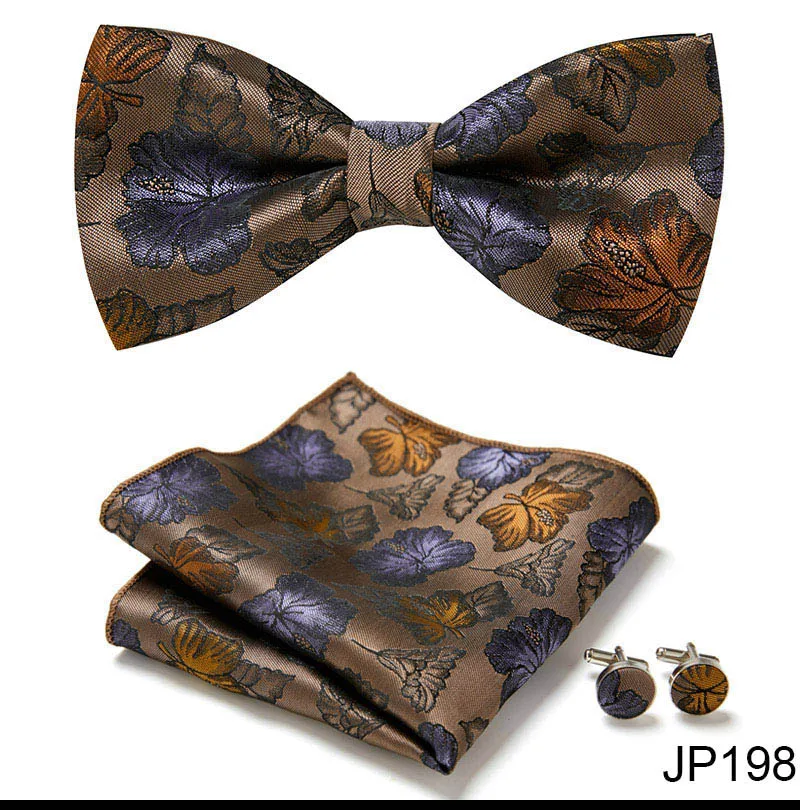 Great Quality Silver Office Butterfly Hanky Cufflink Set Bowtie For Men Geometric Hombre Formal Clothing