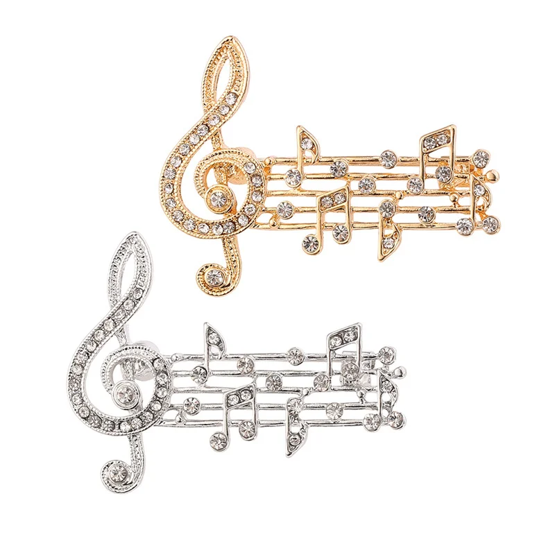 Fashion Music Note Brooches Pins Gold Silver Color Enamel Brooch Elegant Crystal Badge Party Accessories for Musical Lovers