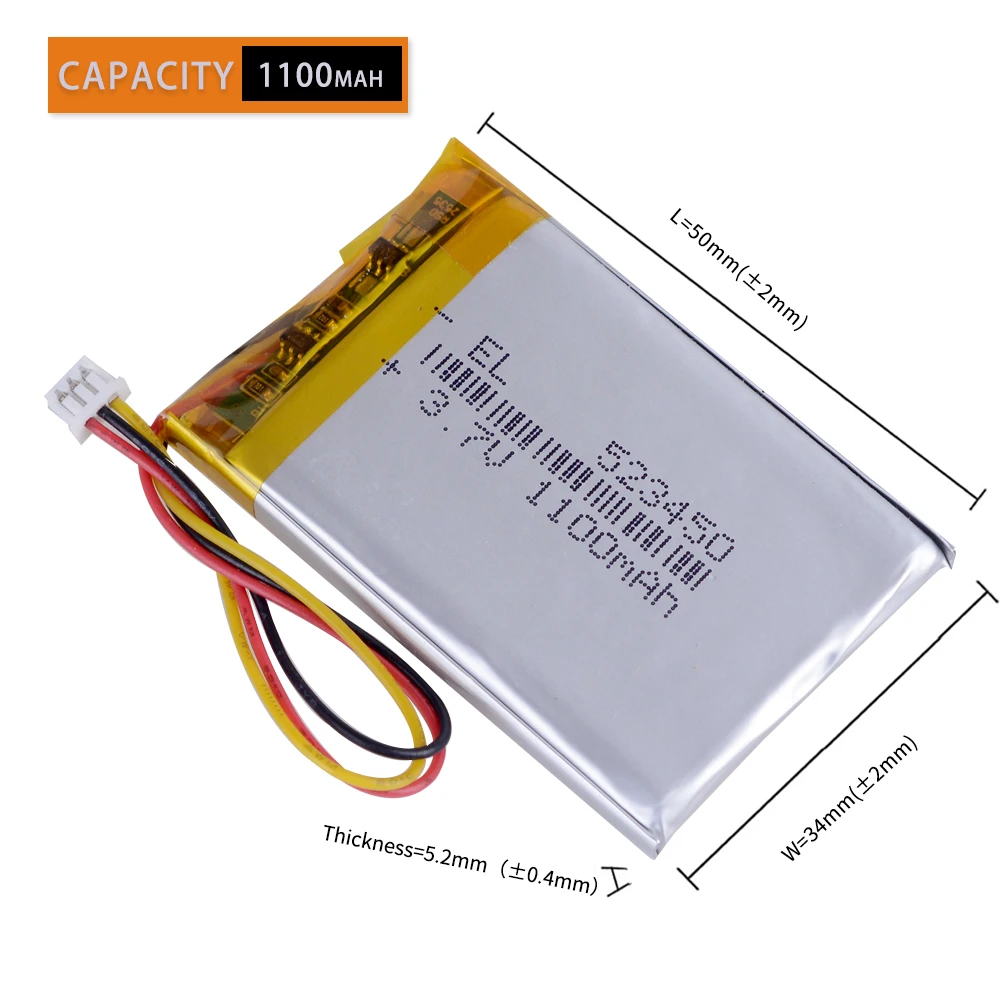 3.7V 1100MAh 523450 JST 1.25Mm 3pin Plug Lithium Polimer LiPo Baterai Isi Ulang untuk MP3 DVD PAD Kamera Perekam Speaker