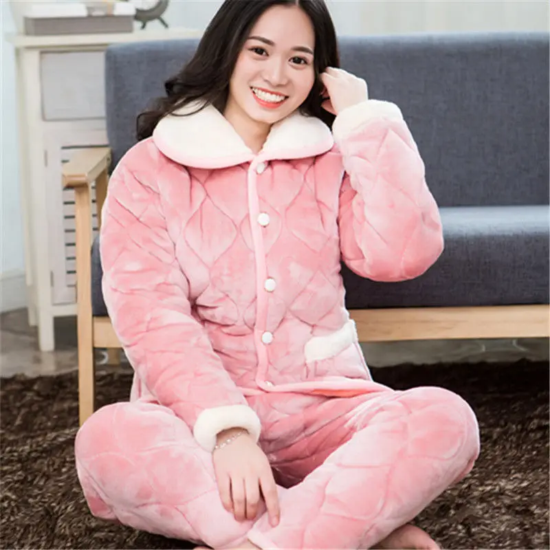 2 Piece/lot Winter Women Pajamas set Sweet Thick Flannel Long Homewear Sleep Lounge Velvet Pajama Female Pyjama