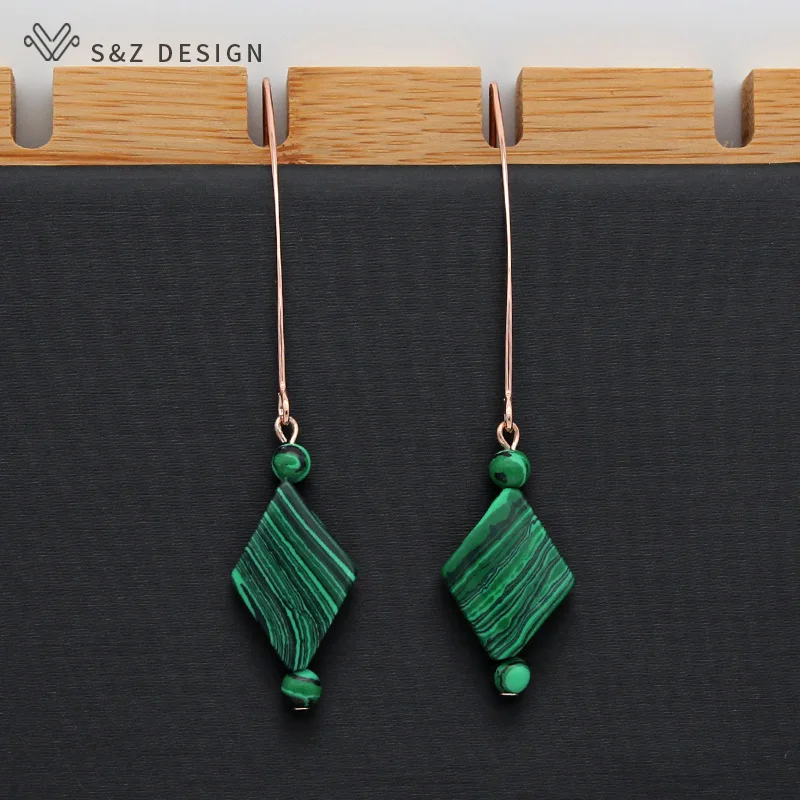 S&Z DESIGN New Long Prismatic Natural Malachite Dangle Earrings Vintage 585 Rose Gold Color Eardrop For Women Wedding Jewelry