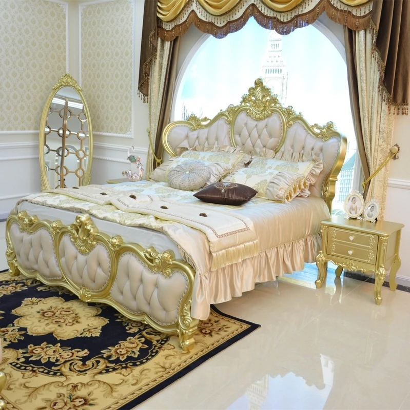 European leather bed champagne solid wood double queen bed 1.8m/2m princess bed master bedroom furniture luxurious wedding bed