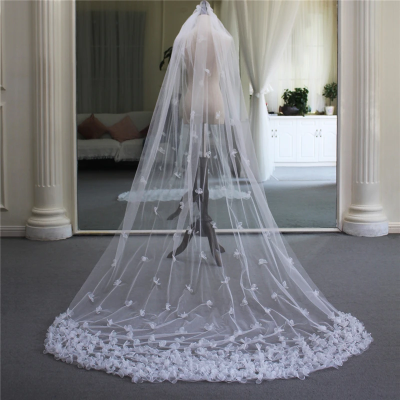 Pretty Handmade Floral Bridal Cathedral Veil with comb White Color Wedding Accessories Long Veils for brides