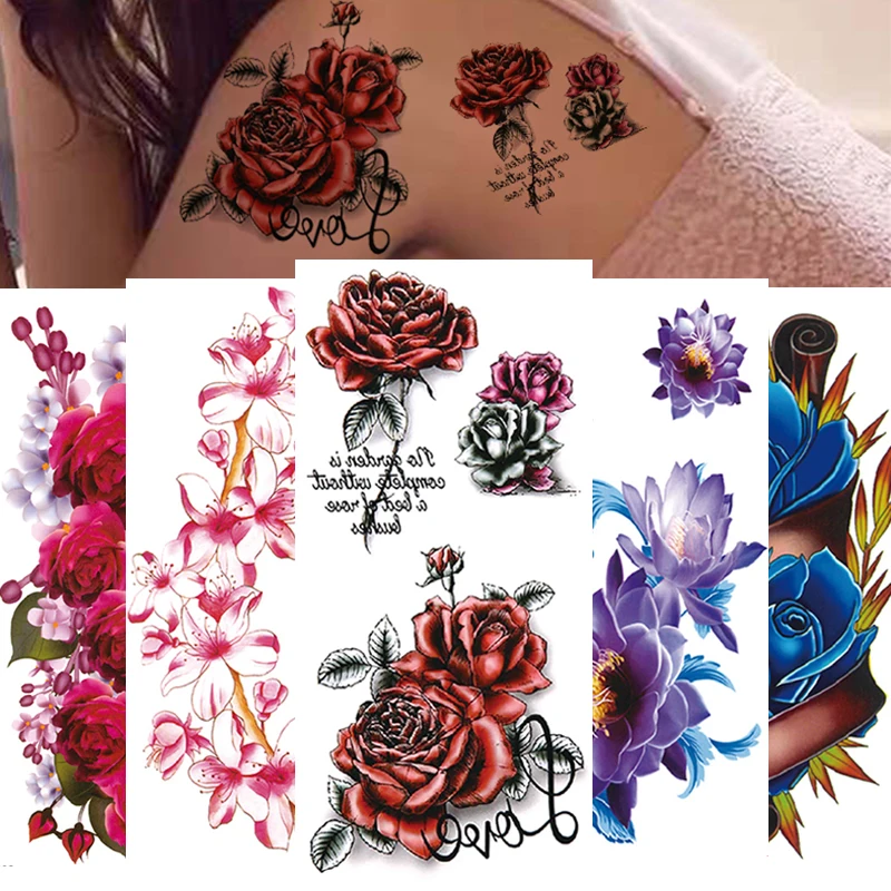 Belleza flor Diamante Negro Rosa impermeable tatuaje temporal arte corporal manga del brazo transferencia de agua pegatina de decoración falsa para