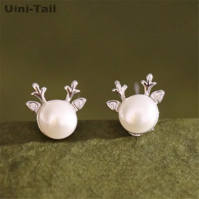 Uini-Tail hot selling new 925 Tibetan silver freshwater pearl elk Christmas stud earrings trend dynamic and versatile JK246